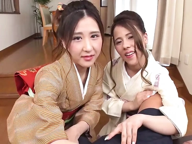 Beautiful Sluts Ciel & Emi Wear Kimonos for Hot Threesome and Cum Shots