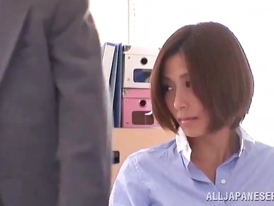 Sultry Japanese Nymph in Stockings Gives Office Blowjob Gets Fingered Fucked