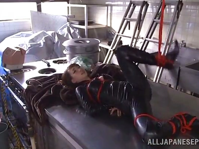 Submissive Japan Cutie in Leather Overall Gets Tied Up & Creamed