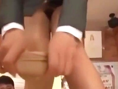 Caught Japanese Secretary in Stockings Masturbating at Work Desk