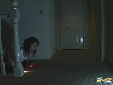 Japanese AV model is a horny babe giving head