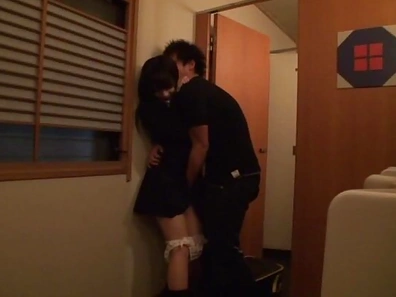 Passionate Japanese schoolgirl engulfs and rides cock in a toilet