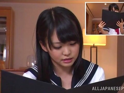 Teen schoolgirl Kui Tachibana focuses while vibrated