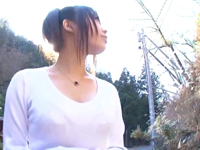 Hot Asian babe flashes and gives head in the woods