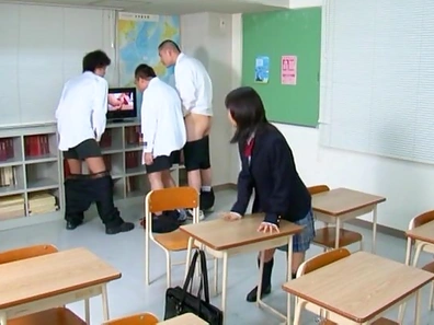 Schoolgirl makes out with more than one cock in group fucking