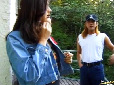 Two Japanese girls get a rough headfuck in the outdoors