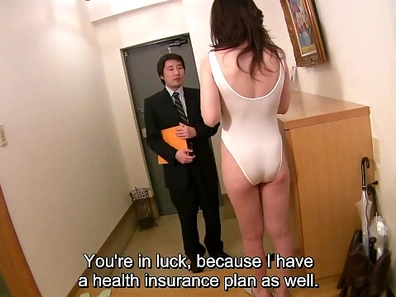 Leggy Japanese MILF Opens Door Wearing Revealing Leotard Teasingly